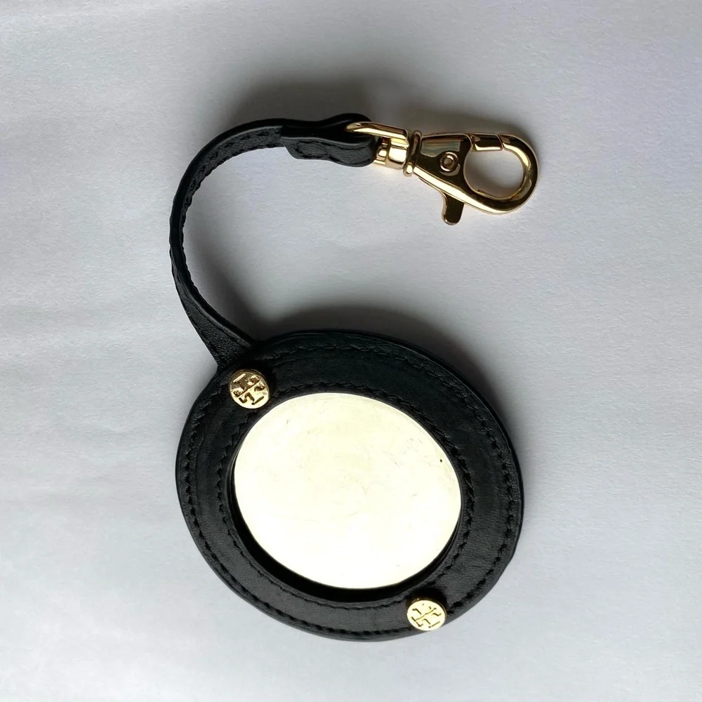 Tory Burch Black Leather Mirror/Bag Charm + Fossil Brass Leather Key Bag Charm